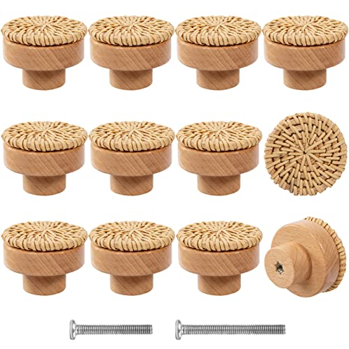 ANPHSIN 12 Pack Boho Wood Dresser Drawer Knobs- Handmade Rattan Woven Cabinet Knobs Pulls Handles with 24 Screws for Home Nursery Furniture - style: Round Rattan (12 Pcs)