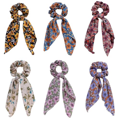 Floral Scarf Scrunchie for Women,6PCS Hair Scarf Ties | Bow Scrunchies,Hair Scarves,Scrunchie with Tails,Bandana Scrunchies,Scarf Ponytail,Hair Accessories for Women,2 in 1 - color: floral 4B