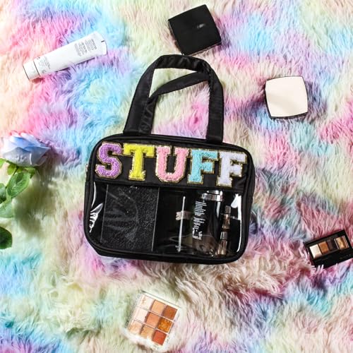 Chenille Letter Clear Makeup Bags, Stuff Bag for Travel, Preppy Patch Nylon Cosmetic Bag with Handles and Zipper, Waterproof Large Clear Travel Toiletry Bag Storage Bag for Women Black - color: Black-Stuff