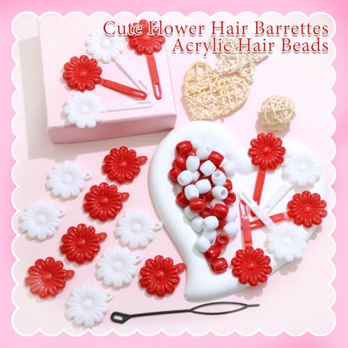 60PCS Red&White Loc Beads Hair Jewelry for Braids Cute Acrylic Dreadlocks Bead Flower Self Hinge Hair Barrettes Kids Girls Hair Clips Decoration Accessories - color: Red&White