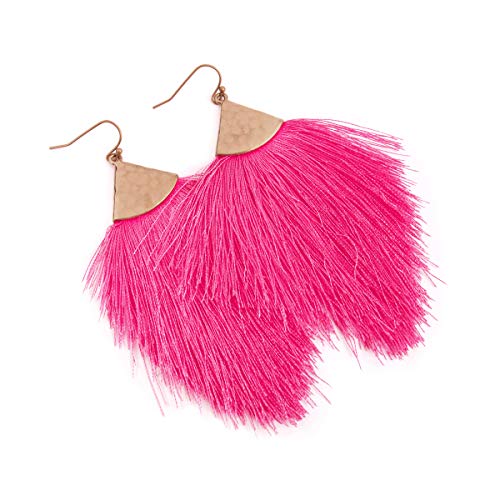 Bohemian Silky Thread Fan Fringe Tassel Statement Earrings - Lightweight Strand Feather Shape Dangles - color: Feather Fringe - Hot Pink