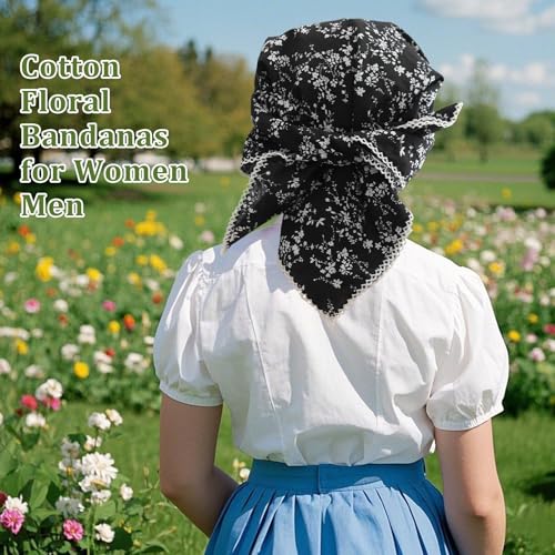 Floral Bandanas for Women Men, 27" x 27" Large Cotton Bandana Headband Head Wraps Hair Scarf for Beach Camping - color: Black Floral-herbal