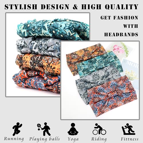 FULZTEY Wide Headbands Boho Head Bands for Women's Hair Fashion Floral Print Headwraps Elastic Thick Turban Workout Yoga Hairband Bandanas Cute Hair Accessories for Teen Girls 4Pcs - color: Style 79