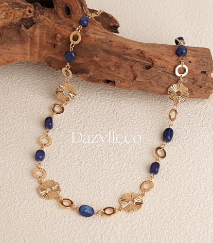 Long Gold Necklaces for Women Dainty Natural Stone Beaded Gold Necklace Mothers Day Gifts Boho Gold Costume Jewelry for Women - color: Navy Blue
