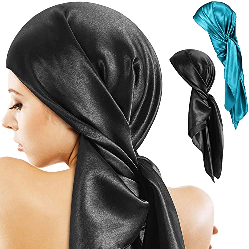 SATINIOR 35 Inch Silky Head Scarf 2 Pcs Large Square Neck Scarf Sleeping Hair Wrapping Satin Bandana for Women - color: Black, Dark Blue, style: Classic
