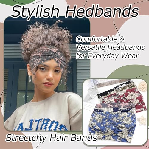 6 Pack Boho Headbands for Women Wide Twist Knotted Flowers Head Wraps Turban Stretchy Leopard Hair Bands Elastic Non-Slip Workout Head Wraps Accessories - color: Boho Flowers