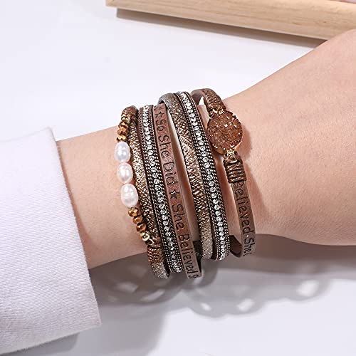 Artilady Leather Wrap Bracelets for Women - Pearl Bracelets Handmade Clasp Bangle Bracelet with Beads Jewelry Gift for Women and Mother - style: So She Did, Brown