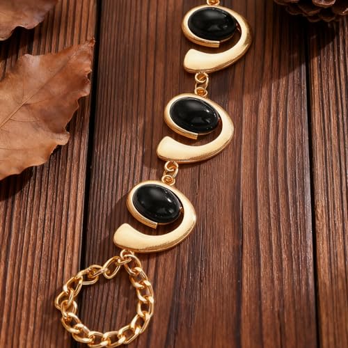Boho Open Bracelet Ring Set for Women Black and Gold Jewelry Set Oval Cuff Bracelet Adjustable Ring Vintage Jewelry - style: U-Black