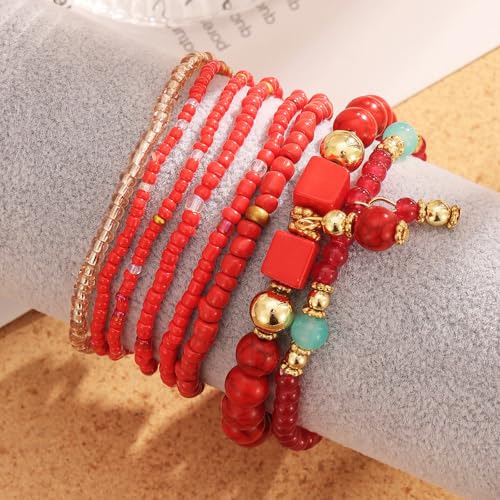 IFKM 8PCS Beaded Bracelets for Women, Multilayered Stackable Strand Stretch Bead Bracelet Pack Handmade Trendy Bohemian Charm Jewelry - color: Red