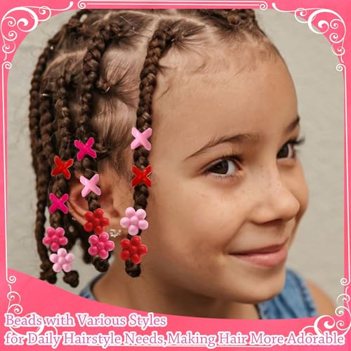 NAISKA 60PCS Pink Hair Beads for Braids Hot Pink Bead Loc Dreadlock Jewelry Multi-style Large Hole Beads Cute Flower Valentine's Day Hair Accessories for Kids Girls - color: Pink & Rose Red & Red