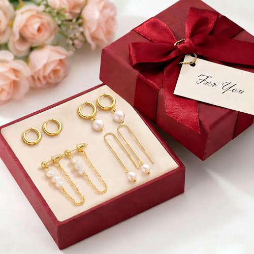 Pearl Earrings for Women, Gold Plated Huggie Hoop Drop Earrings | Hypoallergenic pearl hoop earrings designed for multiple piercings, cartilage styling and everyday wear - style: 4 pearl chain earring set