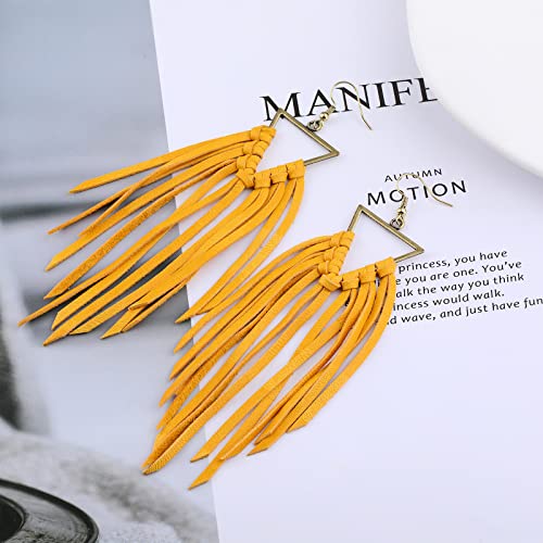 Fringe Leather Earrrings Triangle Deerskin Leather Boho Western Statement Dangel Earrings for Women - color: Yellow