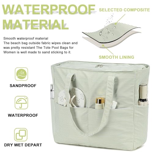Bluboon Waterproof Beach Tote Pool Bags for Women Ladies Extra Large Carry On Bag With Wet Compartment for Weekender Travel - color: Grass Green White Grid Stripes