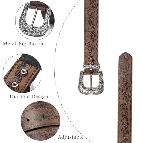 Dubulle Womens Belt Chain Leather Belts Vintage Western Adjustable Elastic Double Buckle for Cowboy Pant Dress - color: Brown Silver
