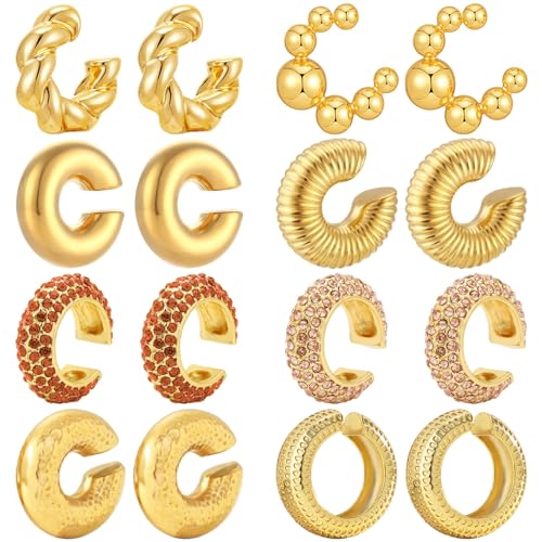 NEWITIN 8 Pairs Chunky Gold Ear Cuff Earrings for Women Trendy Thick Ear Cuffs Non Piercing Clip On Earrings Large Cuff Earring Cartilage Clip for Women - color: Gold/8 Pairs