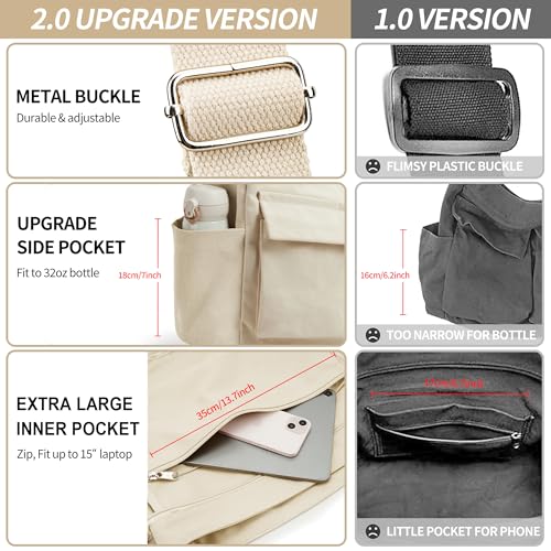 KALIDI Canvas Tote Bag Large Hobo Crossbody Shoulder Handbag Zipper Messenger Bag for Women or Men Casual College Work - color: Upgraded Beige