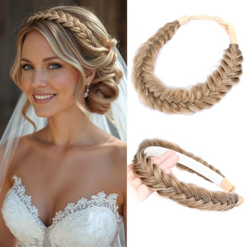 2PCs Braided Headband with teeth Handmade Messy Wide Synthetic Hair Elastic Stretch Fluffy Hairpiece for Brides (Sandy Blonde) - color: Sandy Blonde