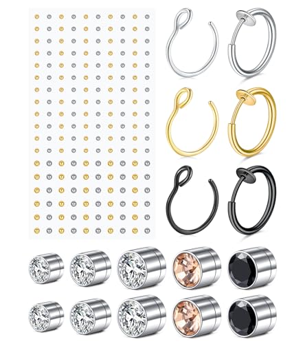 MODRSA Fake Nose Stud Fake Nose Ring Stud Fake Nose Piercing Fake Lip Ring Fake Earrings Stud Silver Gold Fake Cartilage Helix Earring Clip on Earring Hoop Fake Eyebrow Ring Fake Bridge Piercing - color: 2-2 style studs+hoops- silver gold black
