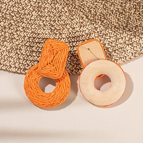 Statement Raffia Earrings Cute Boho Earrings Rattan Dangle Earrings Handmade Straw Wrap Earrings Summer Drop Dangling Earrings for Women Teen Girls - color: Orange