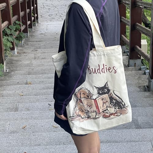Canvas Tote Bag with Zipper for Women, Aesthetic Tote Bag with Pocket for Vacation, Shopping, Travel, Beach - style: Book Buddies
