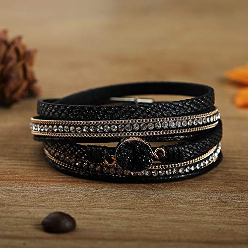 Fesciory Leather Wrap Bracelets for Women, Boho Leopard Multi-Layer Crystal Beads Cuff Bracelet Jewelry - color: Black Stone1