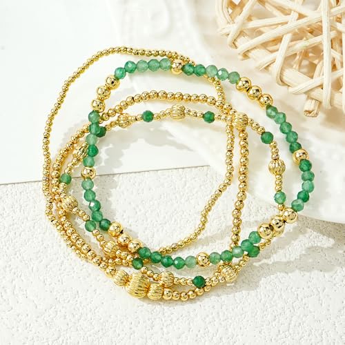Dainty 14K Gold Lantern Beaded Bracelets Stack for Women,4PCS Colorful Glass Beads Stretch Stackable Bracelets Set Fashion Prom Jewelry Gift Friendship - color: Green
