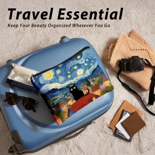 Black Cat Makeup Bag, Black Cat Mom Lovers Lady Gifts Cosmetic Bag for Women, Pet Lover Gifts, Celestial Starry Night Kitten Small Toiletry Bags Zipper Makeup Pouch - color: 02-Cat(08)-Starry Night
