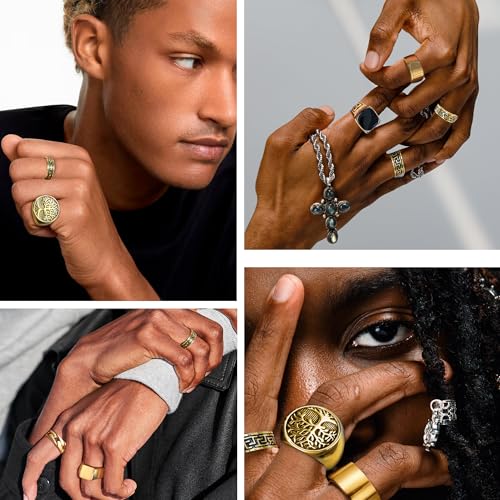MEDOJO 10 Pcs Men's Stainless Steel Vintage Signet Ring Square Pinky Thumb Chunky Thin Band Ring Vintage Biker Band Rings Set 7-13 - color: Gold