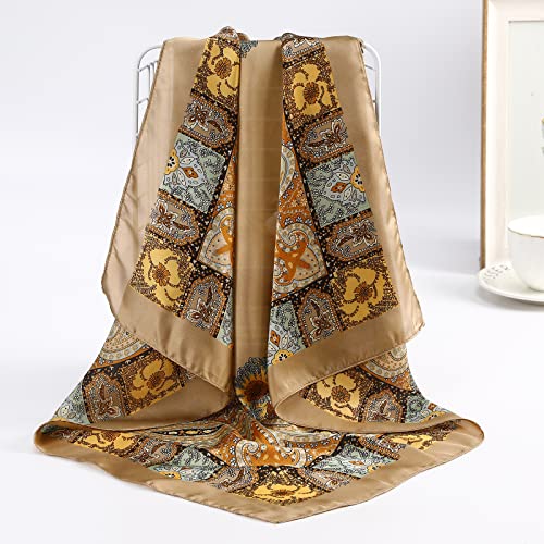 AWAYTR 27.5” Silk Satin Square Head Scarf - 4PCS Satin Head Scarves for Women Hair Kerchief Bandanas Sleeping Head Wraps - color: (Red+black+camel+beige)