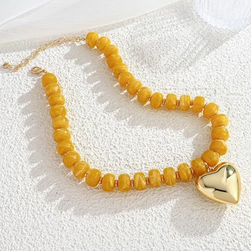 WOWORAMA Chunky Heart Necklaces for Women Colorful Resin Beaded Choker Necklace Gold Puffy Heart Statement Necklace Trendy Acrylic Choker Jewelry - color: Yellow
