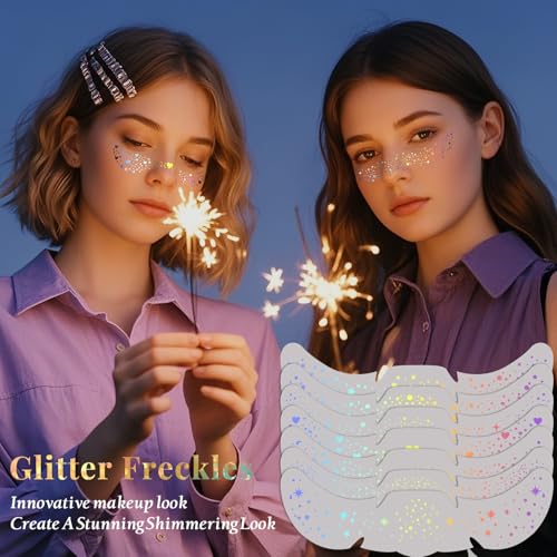 24pcs Glitter Freckles Makeup Patches-Holographic-Face Glitter Speckles, Sparkle Speckles Patches for Women, Cute Sparkling Fake Freckles, Glitter Freckles Face Tattoo, Musical Festival Accessories - color: 24Pack-Holographic