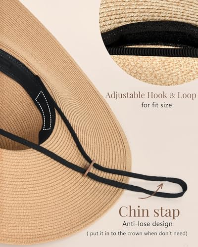 FURTALK Womens Sun Straw Hat Wide Brim UPF 80 Summer Hat Foldable Packable Floppy Beach Hats for Women - color: Khaki With Black Brim, size: Large-X-Large