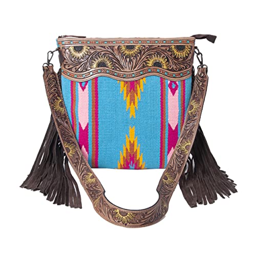 Merbaa Women Handtooled woolen saddle blanket hand woven Crossbody Bag - color: Blue 2