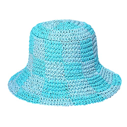 Sun Hats Checkerboard Straw Bucket Hat for Women Packable Crochet Wide Brim Floppy Beach Hats Traveling Summer Accessories - color: Blue