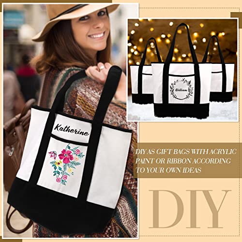 Reginary 16 Pcs Canvas Tote Bags Bulk with Outer Pocket 18 Inch Reusable Shopping Grocery Blank Tote Bag for Women Mother DIY (Black White) - color: Black White