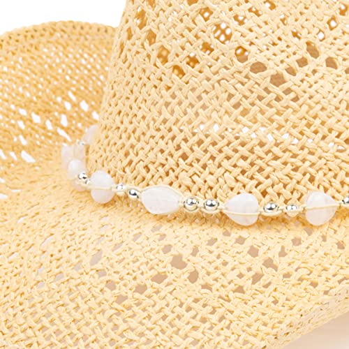 TOVOSO Western Cowgirl Hat, Straw Cowboy Hat for Women with Shapeable Brim, Beaded Hearts Trim, Shapeable Cowboy Hat - color: Beige