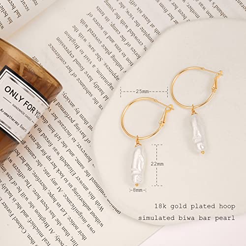 Gold Plated Huggie Hoop Earrings with Charms Fashion Pearl Drop Dangle Earrings for Women Handmade Karma Circle Jewelry for Ladies Lightweight Pearl Earrings on Christmas - color: biwa bar