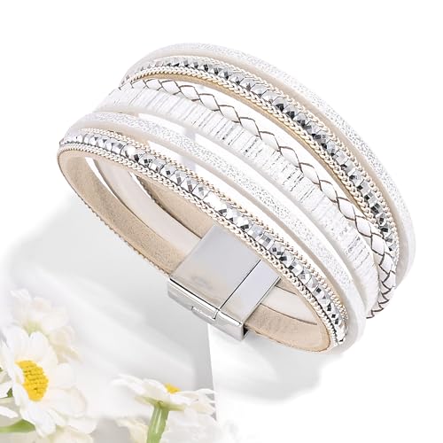 VIBILIA Boho Leather Wrap Bracelets for Women Multi-Layer Bracelets with Strong Clasp Jewelry for Women - color: 03-BohoBraid-White