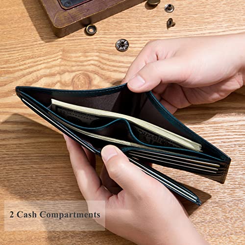 BULLCAPTAIN RFID Wallets for Men,Genuine Leather Wallet QB-05(Peacock Blue) | Slim,Bifold,Front Pocket Wallet, 2 ID Windows,11 Card Slots,RFID Blocking Technology,Gift Choice - color: Peacock Blue