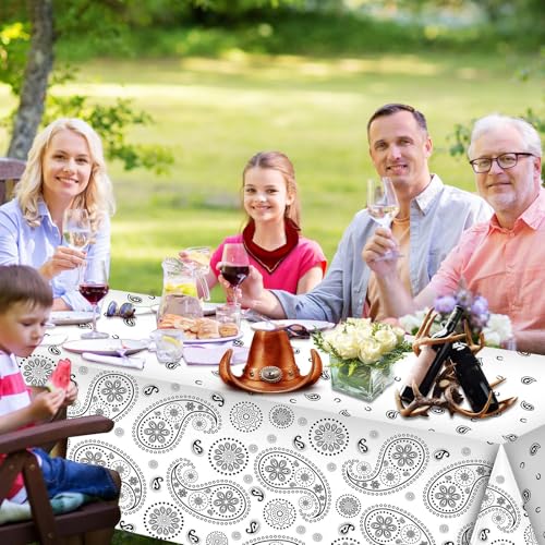 Tatuo Western Party Tablecloth Paisley Table Cover Bandana Plastic Table Cloth Rectangle Floral Tablecloth for Western Cowboy Themed Party 108 X 54 Inch(White,3 Pack) - color: White