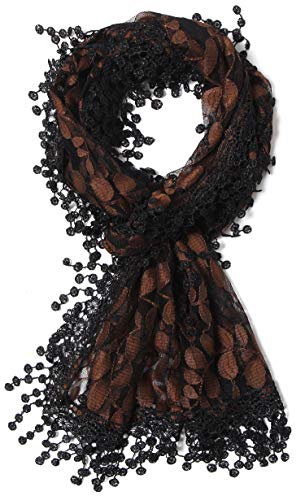 Cindy & Wendy Lightweight Soft Leaf Lace Fringe Scarf Bridal Shawl for Women - color: Gold/Black
