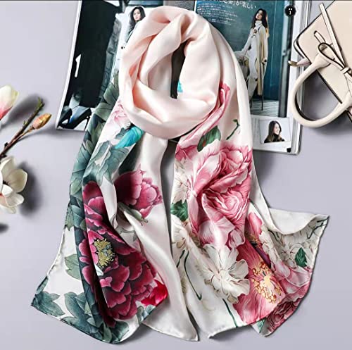 ANDANTINO 100% Silk Long Scarf-Women Large Oblong Shawls with Gift Packed - color: Pale Pink Flowers