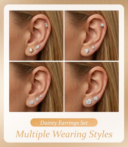 Incaton Hypoallergenic Flat Back Earrings for Women Silver 14K Gold Plated Surgical Stainless Steel Stud Earrings Cubic Zirconia Cartilage Studs Earrings For Multiple Piercing Sensitive Ears - color: GOLD