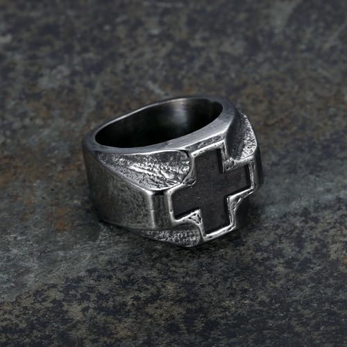 Retro Stainless Steel Mens Cross Ring, Bold Black Design, Durable Handcrafted Jewelry Gift