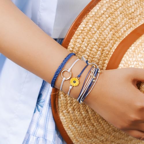 Sunflower Friendship Bracelets Boho Stackable String Bracelets Cute Trendy Gifts for Teen Girls Women - color: Navy Blue