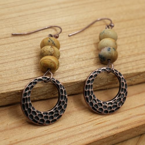 Boho Earrings for women, Hammered Copper Earrings, Bohemian Beaded Gemstone Rustic Jewelry, African Opal Earrings Handmade - style: Hammerd Thick Hoop
