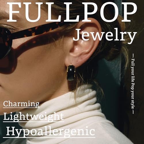 Fullpop Vintage Earrings for Women, Chunky 14K Gold Plated Resin Hoop Earrings Lightweight Hollow Drop Earrings Hypoallergenic Earrings for Women Vintage Anthropologie Jewelry Gifts for Women - size: Round-Black