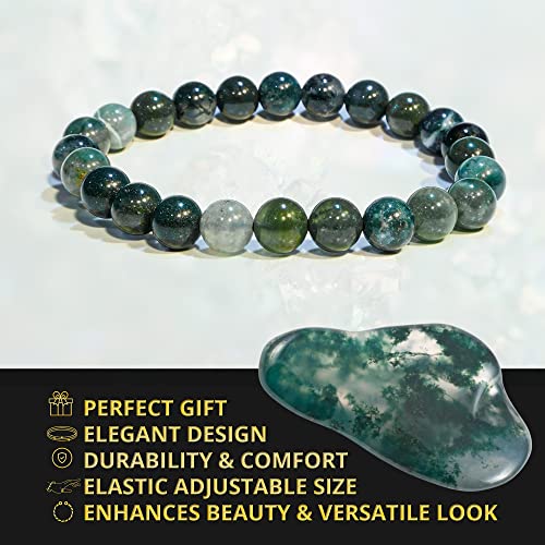 ANAYA AGATE Healing Crystal Bracelet for Women and Men – 8mm Round Beaded Bracelet for Men and Women – Unisex Stretchy Gemstone Bracelet for Healing and Protection - color: Moss Agate