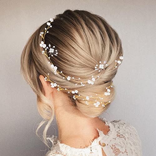BEAYFILY Bridal Wedding Hair Vine,Extra Long Pearl and Crystal Beads Bride Head Piece,Silver Hair Accessories for Women and Girls (Golden) - color: Golden
