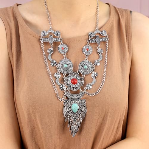 Bethynas Bohemian Ethnic Tribal Chunky Necklace Multilayer Long Tassel Turquoise Statement Neck Chain Retro Coin Gemstone Exaggerated Costume Accessories for Women - color: B-Silver